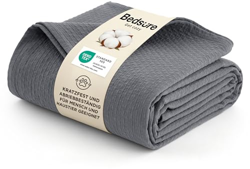 BEDSURE Tagesdecke 100% Baumwolldecke 180x240 - Hundedecke, Grau | Kuscheldecke mit Rautenmuster Haustierfreundlich, Scheuerfest, Nicht Fadenziehend Ideal für Sofa, Sommerdecke, Musselin Decke