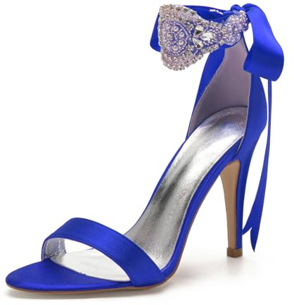 EICOFF Décolleté da Donna con Tacco Alto a Spillo Scarpe da Sposa con Punta Aperta Cinturino alla Caviglia Perla di Cristallo Scarpe da Festa,Blu,36 EU
