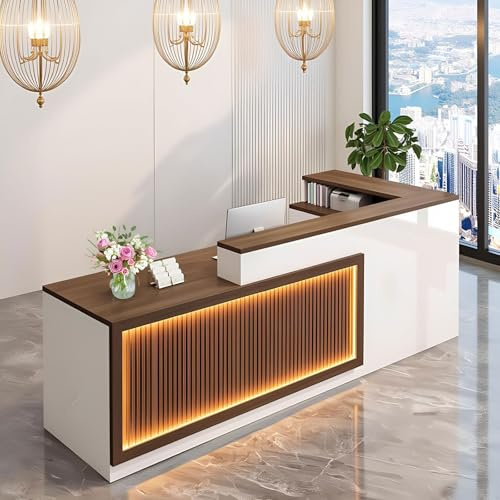 L-Shaped Solid Wood Reception Desk with Lockable Drawers, Dark Walnut Customer Service Counter for Office Lobby & Retail Checkout (71x23.6x39.3)