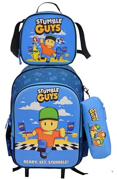 CYPBRANDS Stumble Guys Set trolley fonctionnel, scolaire, voyage, 3 pièces, boîte à lunch, trousse à lunch, accessoire scolaire, couleur bleue, produit officiel, Stumble Guys