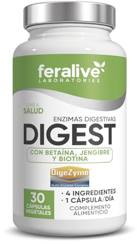 Feralive Laboratories Digest 30 Cápsulas – Betaína, DigeZyme®, Jengibre y Biotina – Suplemento para Digestión, Enzimas Digestivas, Confort Gástrico y Metabolismo