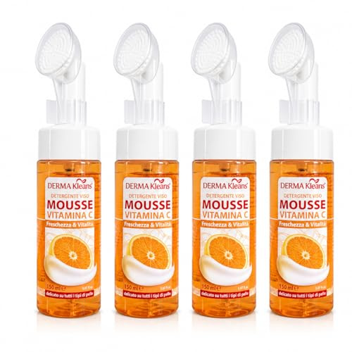 Derma Kleans Mousse Vitamina C Detergente Viso con Spazzola in Silicone – Mousse Detergente Idratante e Illuminante, Pulizia Profonda Delicata per Tutti i Tipi di Pelle - 4 Unita da 150ml