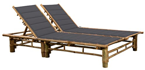 Qnhdfrt 2-Personen-Sonnenliege aus Bambus, Gartenliege mit Verstellbarer Rückenlehne, Outdoor-Doppelliege inklusive Kissen in Anthrazit, 200 x 130 cm, für Garten und Terrasse