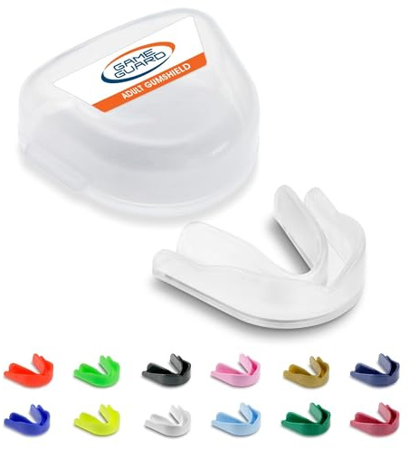 GAME GUARD protector bucal para hervir y morder/protector de encías - protector bucal moldeable/protectores de encías - Mayor/Adulto - Aprobado por CE, deportes escolares, rugby (Transparente)