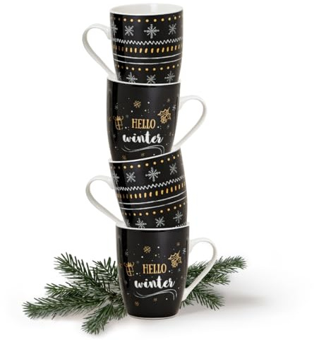 Tassen 4er Set Xmas modern in schwarz und goldfarben- Porzellan Kaffeebecher als Weihnachtstassen in 10 cm - Edle Kaffeetassen für Weihnachten spülmaschinenfest und mikrowellengeeignet