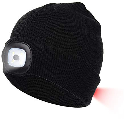 DPWELL Knitted Hat with Light, LED Beanie Hat with White (Front) & Red (Rear) LEDs Headlamp(Hat with LED Light)