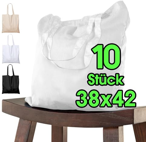 ELES VIDA Bomullsväska 38 x 42 cm otryckt, 10 stycken - två korta handtag OEKO-TEX® certifierad tygväska, bärväska, bomullspåse, shoppingväska, jutepåse, tygpåse måla vit