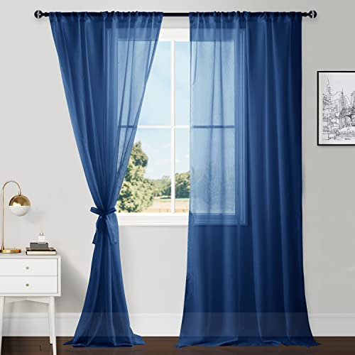 Hiasan Sheer Curtains for Bedroom with Tiebacks, Extra Long Light Filtering and Lightweight Voile Window Curtains for Patio Sliding Door, Living Room, Navy Blue, W52 x L96, Set of 2 Panels