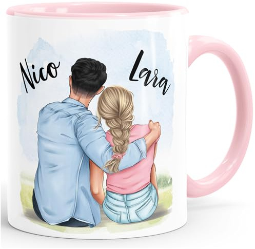 SpecialMe® personalisierte Partner Tasse mit Namen Geschenk Liebe Jahrestag Valentinstag Freund Freundin Mann Frau Weiss-innen-rosa Keramik-Tasse