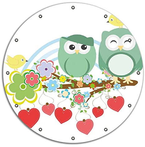 Wallario rundes Outdoor-Poster für Garten oder Balkon Bunte Eulen mit kleinen Vögeln auf dem AST, Motivbanner 90 cm Durchmesser