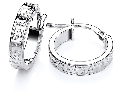 Old English Jewellers Sterling Silver Greek Key Hoop Huggie Creole Earrings 15mm Diameter - 925 Silver
