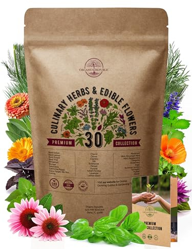 Organo Republic 30 Culinary Herbs & Edible Flower Seeds Variety Pack- Indoor/Outdoor. 7400+ Non-GMO Heirloom Flower Seeds: Basil, Borage, Echinacea, Lavender, Oregano, Rosemary Seeds & More