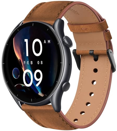 Amzpas Armband für Amazfit GTR 3 Armband/Amazfit GTR 4 / GTR 3 Pro/GTR 2 / GTR 2e / GTR 47mm, 22mm Hochwertiges Leder Ersatzarmbänder für Amazfit Bip 5 / Stratos 3 / Stratos 2/2S, Rotbraun