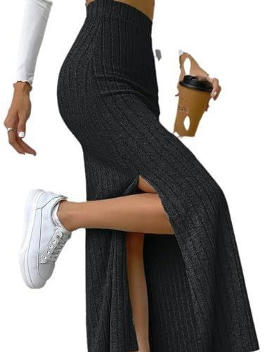 Frühling und Sommer, hoher Taillen-Seitenschlitz, schmaler Strickrock für Damen, Hakama-Schwarz-L