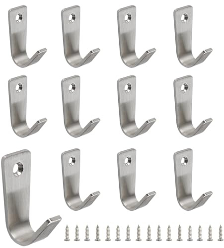 AUXBC J-förmiger Kleiderhaken, Wandhaken, Edelstahl, Kleiderhaken, Einzelloch, Wandhalterung, Haken zum Aufhängen von Mantel, Kleidung, Hut, Tasche, Geldbörse, Handtuch mit Schrauben, Silber, 12 Stück