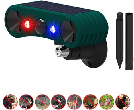 Sirena Solar de detección de Movimiento al Aire Libre-Ultrasónico, 2 * 130db Loud Siren Noise Maker, 4 Modos, luz estroboscópica activada por Movimiento Rojo y Azul, Diga adiós a los Intrusos