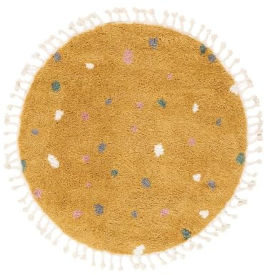 RugVista Confetti Kinderteppich, Ø 150 cm, Gelb | Moderne, Rund, Niedriger Stapel, Nur chemische Reinigung, Oeko-Tex 100, Ohne gefährliche Chemikalien, Kinderzimmer