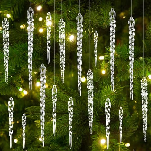 JOLCEEY 24pcs Clear Christmas Tree Pendants, 4 Styles Acrylic Crystal Christmas Hanging Set Icicle Hanging Ornaments with Strings for Xmas Tree Party Indoor Decorations