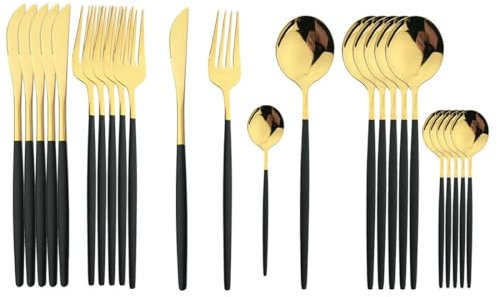 MYDESIDY 24 Pezzi Set di Posate Dorate con Manico Nero in Acciaio Inox, Coltello, forchetta, Cucchiaio, Posate da tavola, Set di stoviglie da Cucina per Festival, Regalo