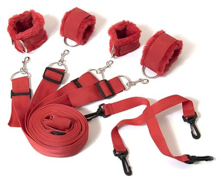 Soarvlorfy Sex Bettfesseln Fessel Set BDSM Bondage Set für Paare Sexspielzeuge mit Plüsch Handschellen und Fußfesseln SM Extrem Sex Bett Set für Anfänger und Erfahrene,Rot,Fuß Hand