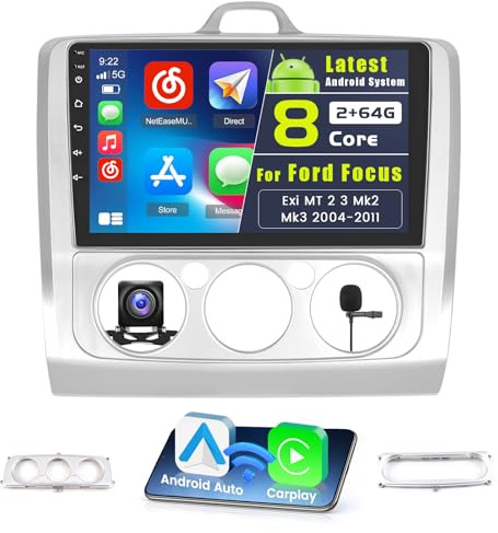 8 Core 2+64G Android 15 Radio para Ford Focus Exi MT 2 3 Mk2/Mk3 2004-2011 Soporta Wireless Carplay y Android Auto, 9 Pulgadas Radio con Bluetooth 5.0 EQ de 32 Bandas GPS FM/RDS SWC