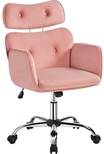 Yaheetech Homeoffice Stuhl, Schreibtischstuhl, Schminktisch Stuhl mit Höhenverstellbaren Kopfstütze, Drehstuhl mit Armlehnen Samtsitz, für Schlafzimmer Büro Wohnzimmer Rosa
