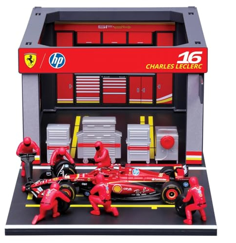 Bburago - Pit Stop Ferrari SF-24#16 Leclerc, Spielset mit Diorama, 1:43 und 6 Mechanikern, Detailgetreu, Ferrari-Lizenz, Alter 3+
