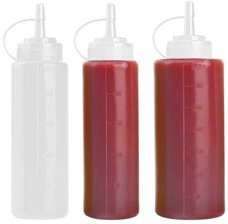 INCNMAD Squeeze Bottle 3 Pack Plastic Squeezy Sauce Bottles with Nozzles, Reusable Condiment Squirt Dispensers for Ketchup BBQ Sauces Syrup Salad Dressings (240ml + 360ml)