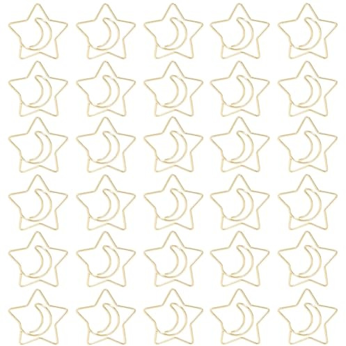 SUNNYCLUE 60 Stück Stern Mond Büroklammern Mini Lesezeichen In Gold Große Metallsterne In Form Dekorativer Dokumente Büroklammern Planerklammern Kleine Lesezeichen Für Büro Schule Bücher Organisation