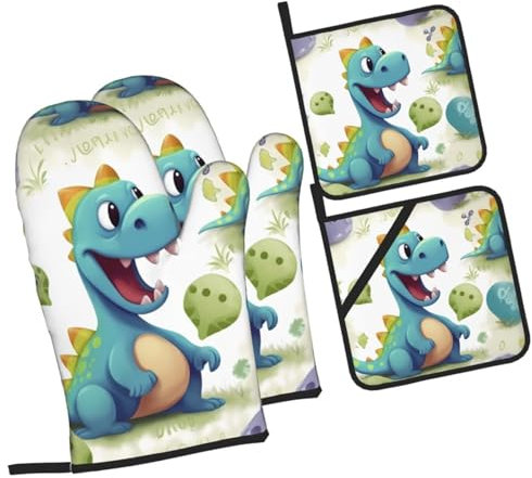 Mitaines De Cuisine Dinosaure Mignon Professionnel Kitchen Mittens Anti Chaleur Maniques Cuisine pour Cuisson Femmes Barbecue,4 Pièces