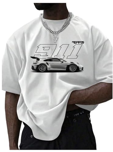 COZYEASE Men's Graphic Tees Letter Print Casual Short Sleeve T Shirts Summer Tops Vintage Tees Car White Small