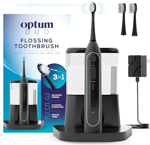 Optum Duo Spazzolino da denti elettrico 2 in 1 con filo interdentale combinato – Spazzolino sonico con vibrazioni 40k e filo interdentale ad alta pressione, 5 modalità di spazzolatura, ideale per