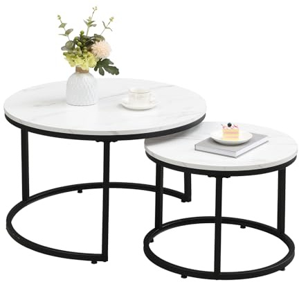 JoyyeSpace Couchtisch 2er Set, Moderne Couch Tisch mit Schwarz Metallgestell, Couchtisch Eiche, Couchtische Rund Weiß, Living Room Table, Kaffeetisch, Wohnzimmertisch Holz 70 & 50 cm
