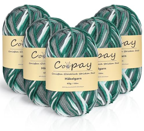 Coopay Wolle zum Häkeln, 5 x 45g Farbverlauf Häkelgarn, 5-Fädig Wolle zum Stricken, Weicher Häkelgarn Mehrfarbig, Bunt Garn zum Stricken Häkeln, Schönes Acrylgarn für Anfänger,Dunkelgrünes