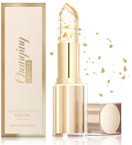 Changement De Couleur Rouge à Lèvres, Longue Durée Hydratant Feuille d'or Brillant à Lèvres, Baume a Levre Magique à Changement de Couleur de Température, L'or Transparent Jelly Lipstick