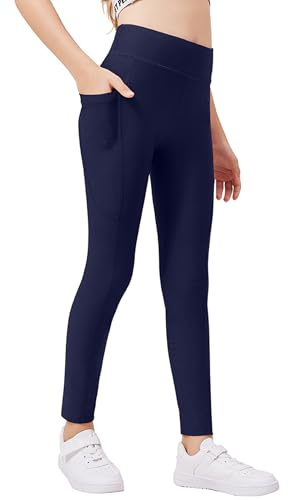 Arshiner Girls Leggings Dark Blue High Waist Fitness Sport Tights Casual Thermal Pants Thin Fleece Lined Trousers with Pockets 140/9-10 Years