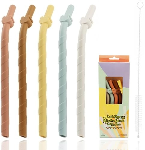 5 Pcs Wide Silicone Straws Set with Cleaning Brush, for Kids and Adults Bendy Straws, Reusable, BPA-Free, Dishwasher Safe 155mm Long 8.8mm Wide