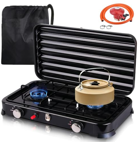 Inoamity Réchaud Gaz GPL Camping Portable 2 Feux 4.4kW - Allumage Automatique, Tuyau PVC 150 cm + Régulateur 37 mbar - Rechaud Pique-Nique pour Randonnée, Pêche,Noir