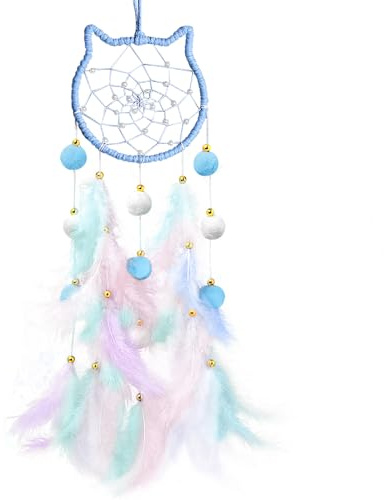 Cat Dream Catcher,Lovely Cat Shape Colorful Handmade Woven Dream Catchers Feathers Wall Hanging Decoration,Cat Dreamcatcher Art Ornament Gift Chimes for Home Children Bedroom Decor(Blue)