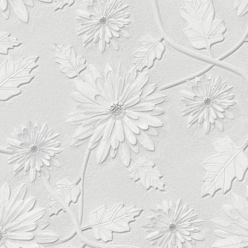 ICYEHAO Selbstklebende Tapete Blumen Weiß, 44 x 500 cm 3D Tapete Weiss Grau Klebefolie Blumen Blätter Pflanzen Boho tapeten Möbelfolie Selbstklebend für Badezimmer Wohnzimmer Schlafzimmer Küche