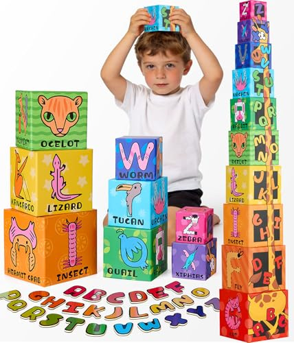 Atoylink Magnetische Alphabet Stapelspiel für Kleinkinder, Lernspielzeug mit ABC‑Buchstaben & Zahlen & Tieren, Stapelturm Baby Sortier Motorikspielzeug, Montessori Spielzeug Geschenke für Kinder