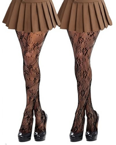 Wnzdp 2 Pairs Patterned Tights, Black Lace Tights, Fashionable Patterned Tights for Women Lace Floral Pantyhose High Waist Fishnet Stockings