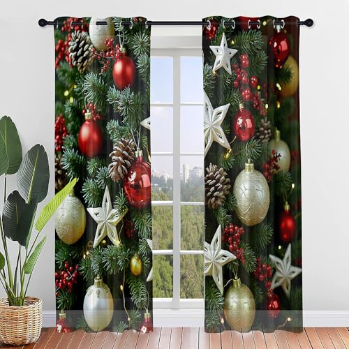 FANSU 2 Pezzi Tende per Interni, 3D Natale Voile Semi Trasparenti Tende Camera da Letto Moderne Tenda a Vetro per Cameretta dei Bambini, Soggiorno (Ornamenti Natalizi,132x182cm)