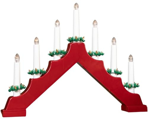 Monal Wooden Christmas Candle Bridge LED Light – 7 Warm White Candles with Timer – Battery Operated Xmas Decoration for Windowsills, Tables & Fireplaces (Red/White/Natural) (Red Candle Bridge Light)