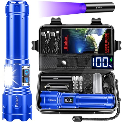 Blukar Lampe Torche 2 Couleurs Ultra Puissante avec Éclairage Latéral COB | Lampe de Poche LED Rechargeable, 7 Modes, Longue Durée 5000mAh, Zoomable, IP67 Étanche Torche pour Camping/Randonnée,Bleu