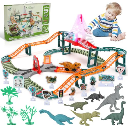 Dinosaurier Spielzeug Autorennbahn, 167 Teile mit Enthält 6 Dinosauriermodelle und 1 Dinosaurierauto, Leuchtendem Musikbrücke, Verkehrszeichen und Lernspielzeug Geschenk für Kinder von 3-8 Jahren