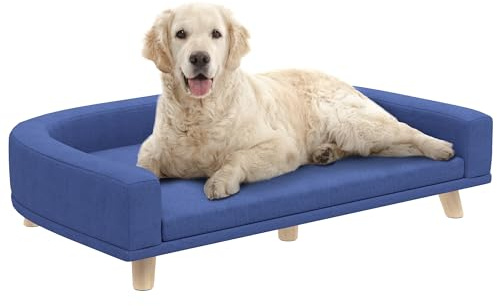 PawHut Hundesofa Hundecouch für große Hunde mit Rückenlehne, Holzbeine Hundebett mit abnehmbarem, waschbarem Bezug Haustiersofa Katzensofa bis 30 kg, 98 x 67 x 25 cm, Blau
