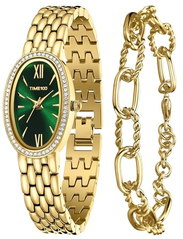 TIME100 Set Orologio e Bracciale Donna, Cassa Ovale con Cristalli Eleganti, Movimento al Quarzo Affidabile, Cinturino in Metallo Lucido, Idea Regalo per Lei