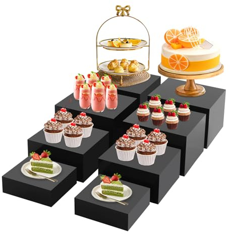 MIIWWOWO Soporte de buffet de 8 piezas con elevadores para tartas de 6 a 8,3 pulgadas, soporte acrílico para cupcakes, coleccionables, joyas, esculturas, cosméticos (8 ps, negro)