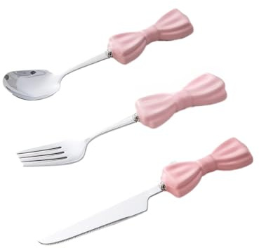 Set di Posate in Acciaio Inox e Ceramica con Papillon, Composto da Coltello, forchetta, Cucchiaio e cucchiaino (Rosa, 3 Pezzi).